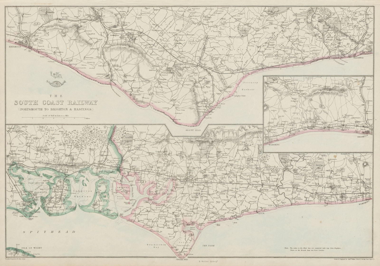 THE SOUTH COAST RAILWAY. Portsmouth to Brighton & Hastings. WELLER 1862 map